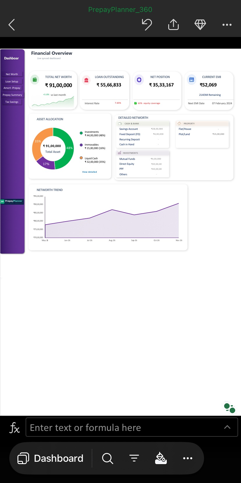PrepayPlanner dashboard open on a mobile phone